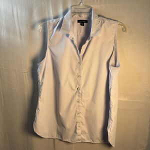 Lands’ End Sleeveless Shirt 14P Button Front Blue Cotton Blend Career Blouse
